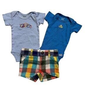 Gerber Carter’s Baby Boy Set 3PC Outfit Bundle Onesie Plaid Shorts NB Newborn